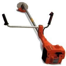 Orange and gray string trimmer with a U-shaped handle, ready for outdoor yard work.