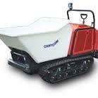 Red and white track barrow. It has a bucket and a handle bar, operating on treads.
