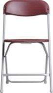 Red folding chair with a silver frame, indoors.