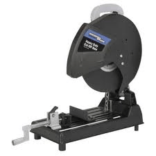 Heavy-duty metal cut-off saw in black, with a protective blade guard, and a clamping vise.