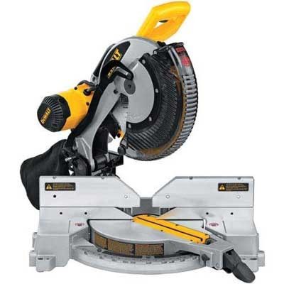 Yellow and black DeWalt miter saw on a silver base, with the blade guard retracted.