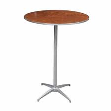 Round, brown-topped bar table with a silver, star-shaped base, isolated on white background.