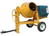 Yellow cement mixer with a black tow bar, wheels, and a blue engine.