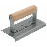 Concrete edger tool with a wooden handle and metal blade.