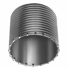 Metallic cylindrical core bit with ridged exterior and toothed cutting edge.