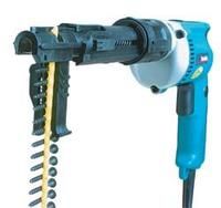Blue and black Makita drywall screw gun with a strip of screws attached.