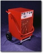 Red Triton electric heater on wheels.