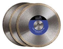 Three diamond saw blades, silver with blue center labels, stacked.