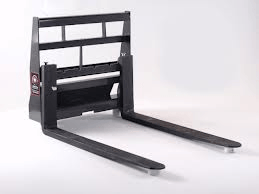 Forklift attachment, black metal with horizontal bars, two forks extending forward, on a white background.