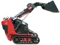 Red and black Toro Dingo TX 420 compact utility loader with bucket raised, tracks visible.