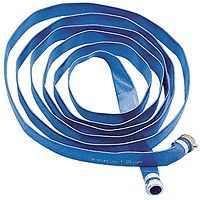 Coiled blue fire hose with silver fittings, ready for use.