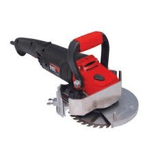 Red and black electric grinder with a blade.