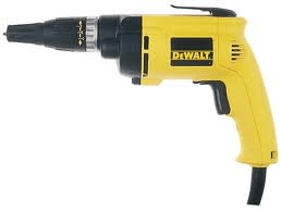 Yellow DeWalt drywall screw gun, black tip, and handle.