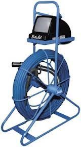 Blue sewer camera inspection system with a reel of blue cable and a screen.