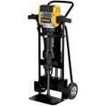 Yellow and black DeWalt demolition hammer on a wheeled cart.
