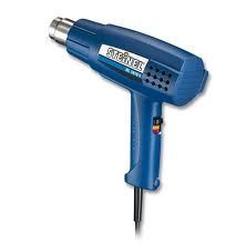 Blue Steinel heat gun with black cord on white background.