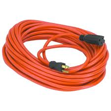 Orange extension cord, coiled up with black power connectors.