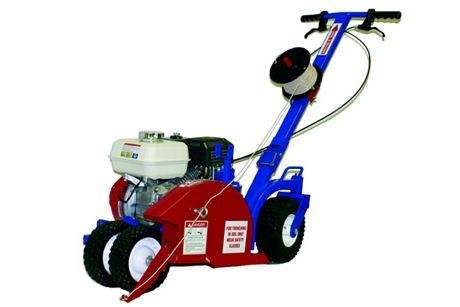 Blue and red line striping machine with a white engine, black wheels, and a spool of line.