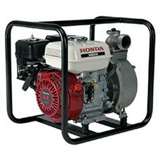 Honda water pump in a black protective frame. Red engine, white tank, and silver pump.