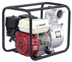 Gas-powered water pump with a red engine, silver pump housing, and black protective frame.