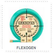 Green Flexogen garden hose coiled on white background.