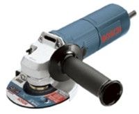 Blue and silver Bosch angle grinder with black handle; in a workshop.