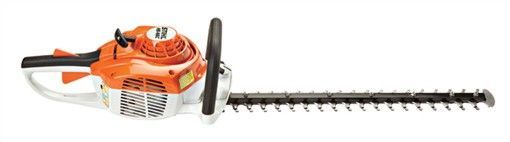Orange and white hedge trimmer with black handles and blade, on a white background.