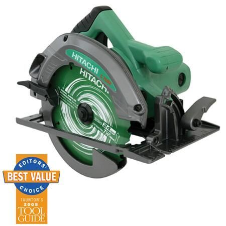 Hitachi circular saw, green and gray, with blade guard and base. 