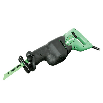 Green and black Hitachi reciprocating saw, with a green blade, against a white background.
