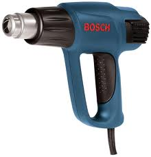 Blue Bosch heat gun with black handle, nozzle, and power cord; for heat application.