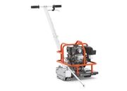 Orange and gray gas-powered pavement saw with a white handle and protective cage, on a white background.