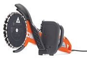 Orange electric concrete saw with a black blade guard and handle.