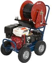 Red and blue drain cleaning machine with a Honda engine and a large hose reel.