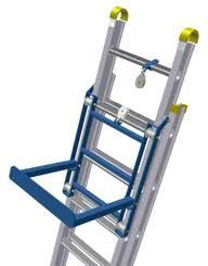 Blue ladder-mounted platform with a pulley, designed to hold tools and materials.