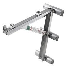 Metal roof ladder stand with adjustable arms.