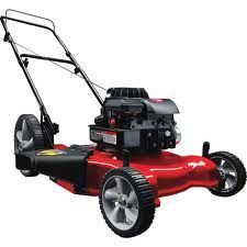 Red lawnmower with a black engine and handle, viewed from the side.