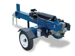 Blue log splitter on wheels, outdoors, with a vertical beam.