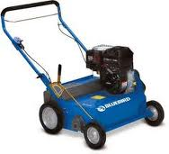 Blue Bird lawn dethatcher with blue frame and black engine, on a white background.