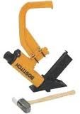 Yellow Bostitch flooring nailer with a black base and a mallet.