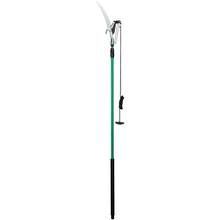 Green and black telescoping tree pruner with curved blade and pulley system.