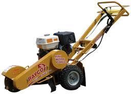 Yellow Rayco Mini Work Force stump grinder with engine, wheels, and handles.