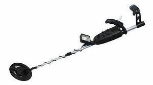 Metal detector, black and silver, held at an angle, ready for use, likely outdoors.