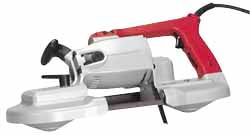 Red and white handheld metal-cutting band saw.