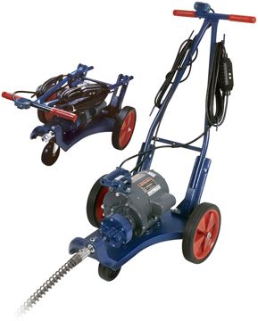 Blue electric sewer auger with red handles and wheels, for cleaning drains.