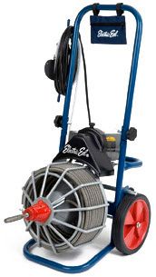 Blue and red electric drain cleaner on wheels.