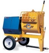Yellow and blue cement mixer with wheels, ready for construction work.