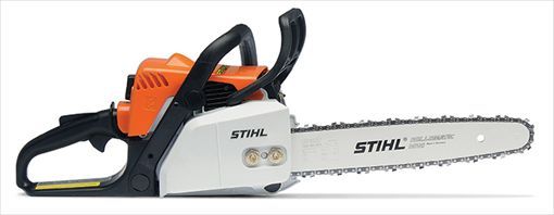 A Stihl chainsaw with an orange engine casing, white body, and black handles on a white background.