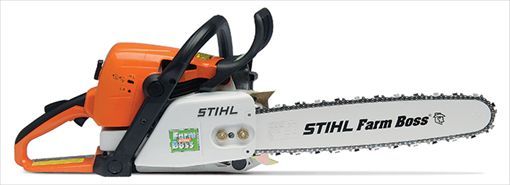 Stihl Farm Boss chainsaw, orange and black, with the blade extended, on a white background.