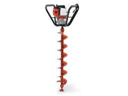 Orange gas-powered earth auger. It is upright, drills, and has a handle.