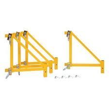 Yellow metal sawhorse supports, with bolts.